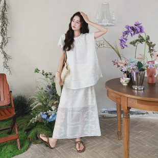 法式清纯系白月光绣花套装女2026夏季新款松弛感上衣半身裙两件套