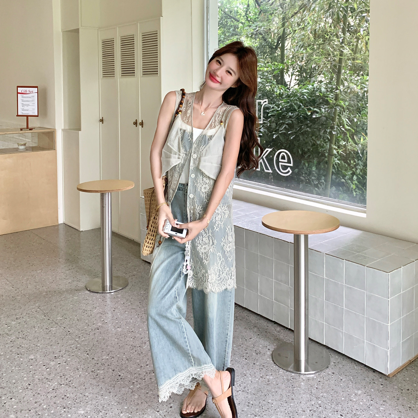 夏季蕾丝拼接牛仔两件套女