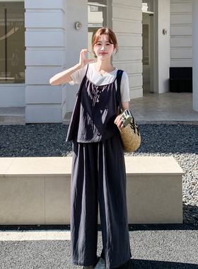 灰色随性慵懒风夏日休闲套装女2026新款时尚抽绳吊带阔腿裤两件套