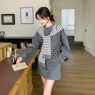 灰色韩系针织披肩卫衣套装裙女2026春季小个子减龄休闲短裙两件套