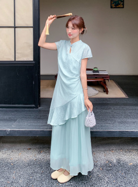 夏日清冷松弛感浅蓝色连衣裙女2026新款新中式高级感假两件旗袍裙