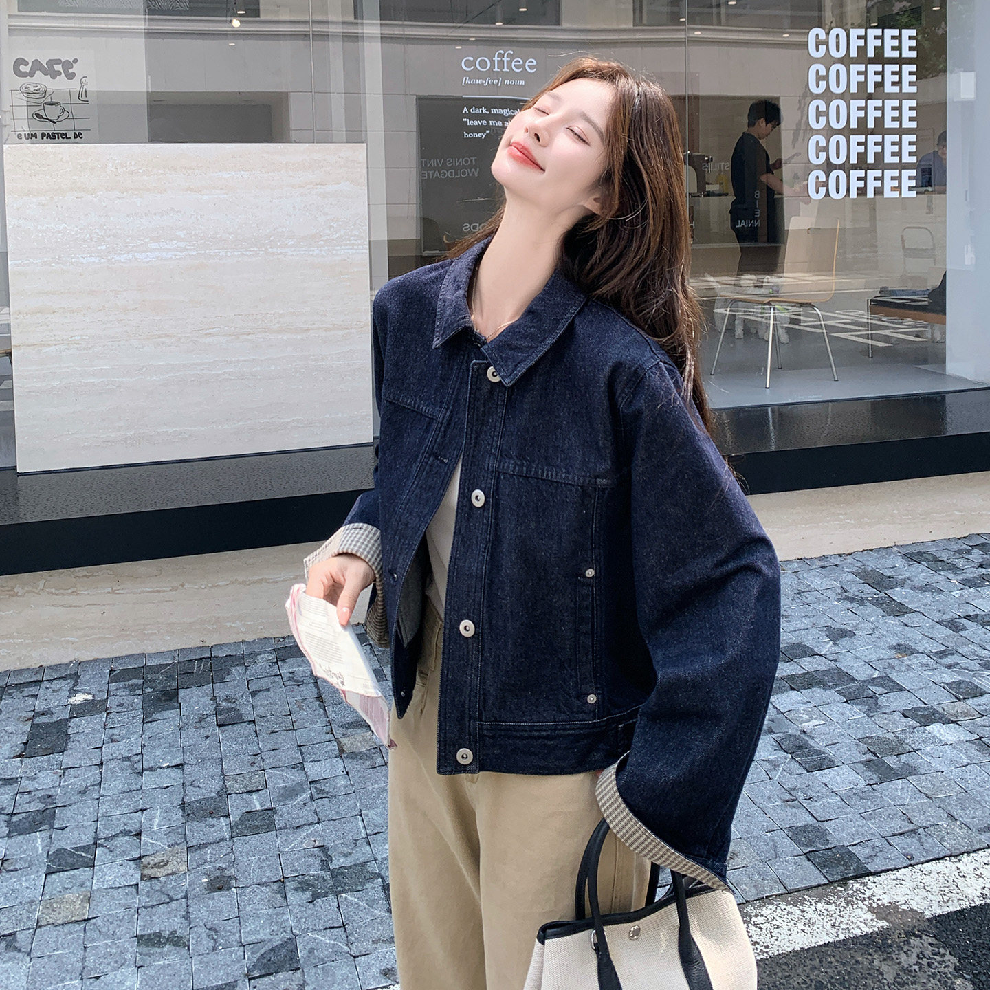 复古工装深蓝短款牛仔外套女