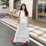 法式清纯少女感蕾丝绣花套装2026春新款系带短袖上衣半身裙两件套