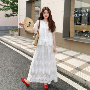 法式清纯少女感蕾丝绣花套装2026春新款系带短袖上衣半身裙两件套