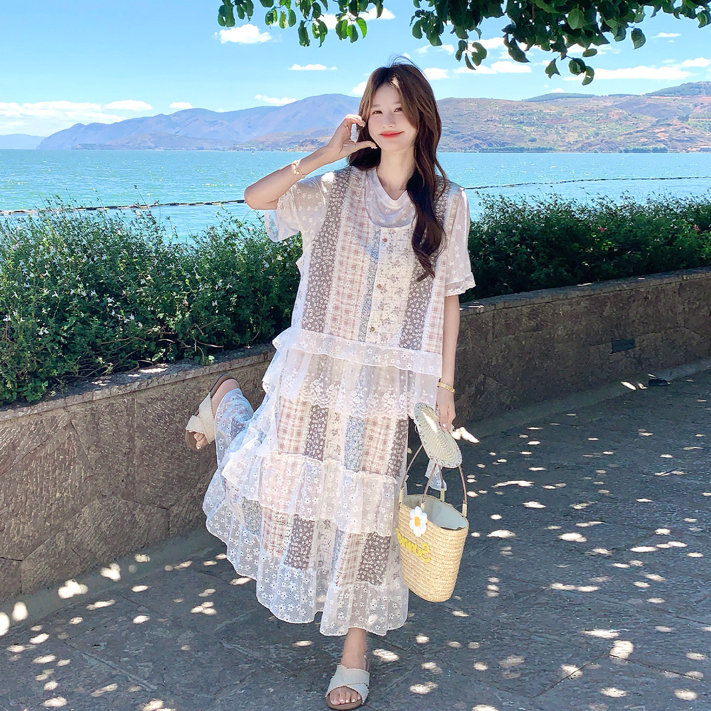 田园风蕾丝拼接印花套装女夏季