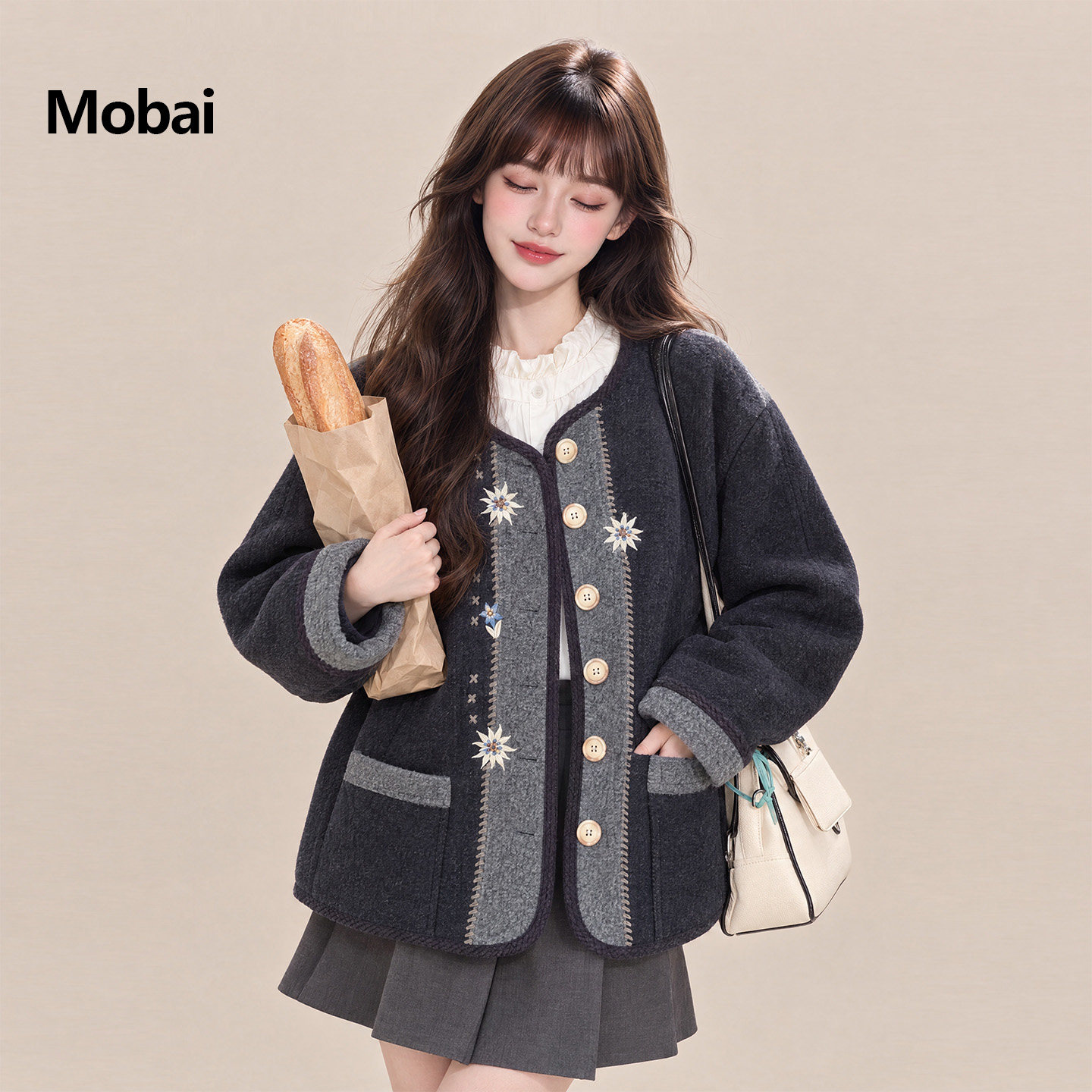 法式复古撞色刺绣90白鸭绒羽绒服