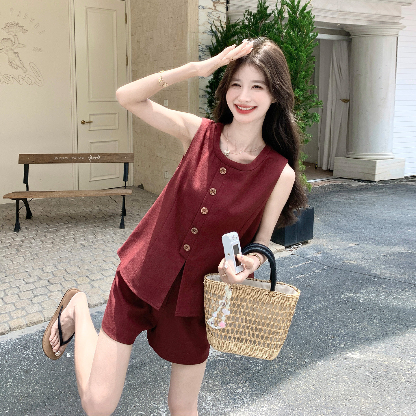 夏季高腰短裤两件套时尚穿搭