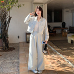 米白色韩系高级感牛仔套装女2026春季气质休闲短外套阔腿裤三件套