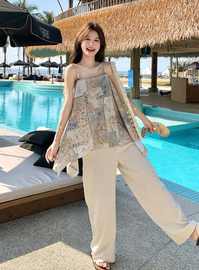 初夏甜酷辣妹度假风印花吊带套装女高腰阔腿裤两件套2026时尚新款