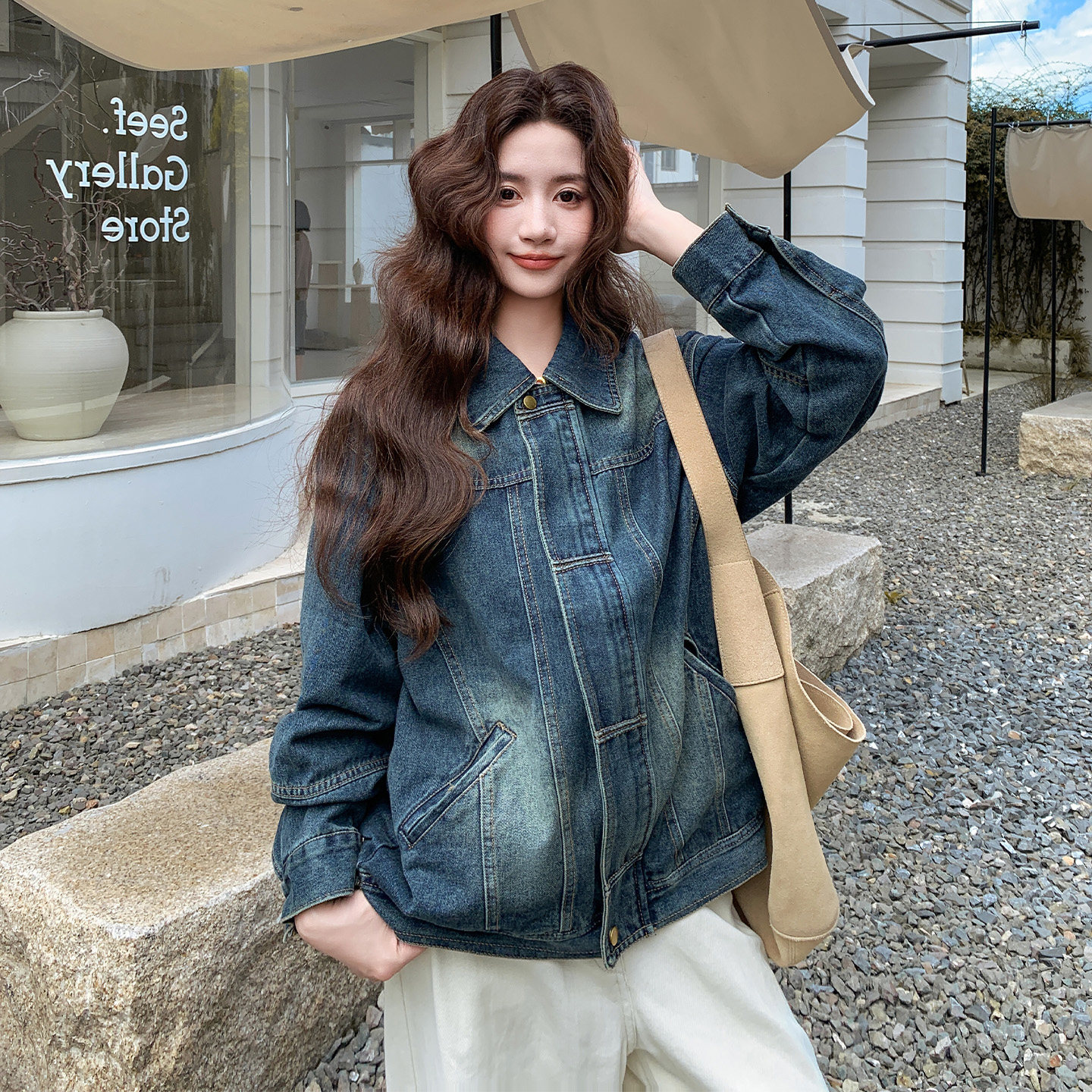 美式复古短款翻领牛仔外套女