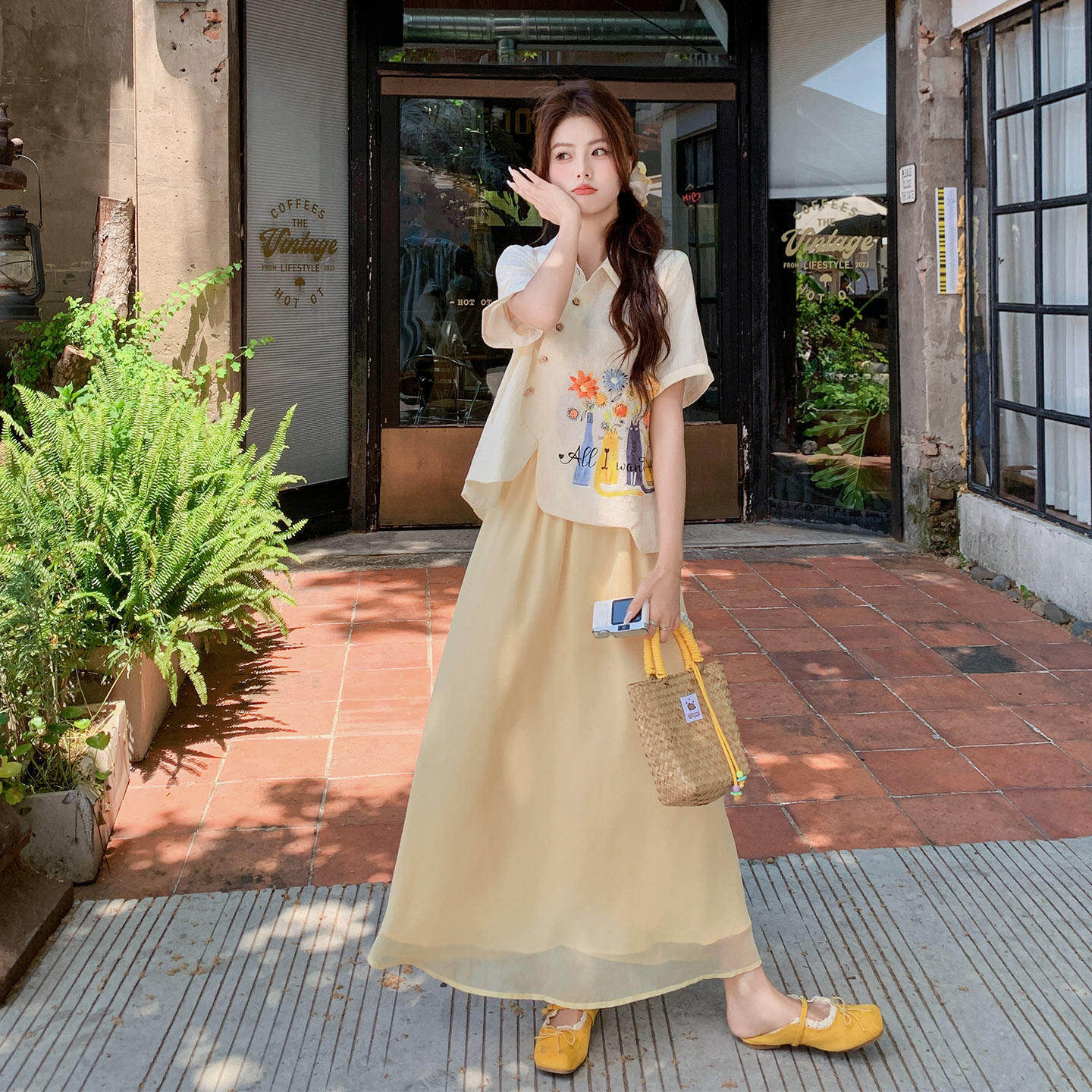 韩版元气减龄休闲风套装女2026新款立体花朵衬衫半身裙两件套夏日