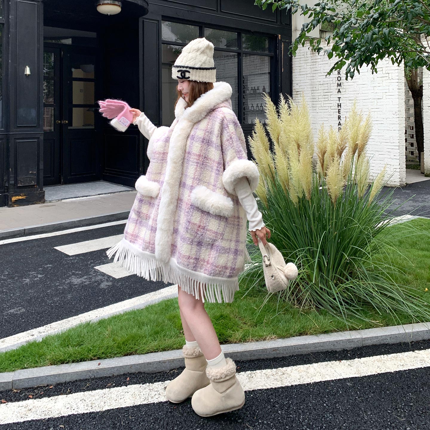 秋冬韩式甜美少女感大毛领连帽外套2026新款加绒加厚保暖斗篷大衣