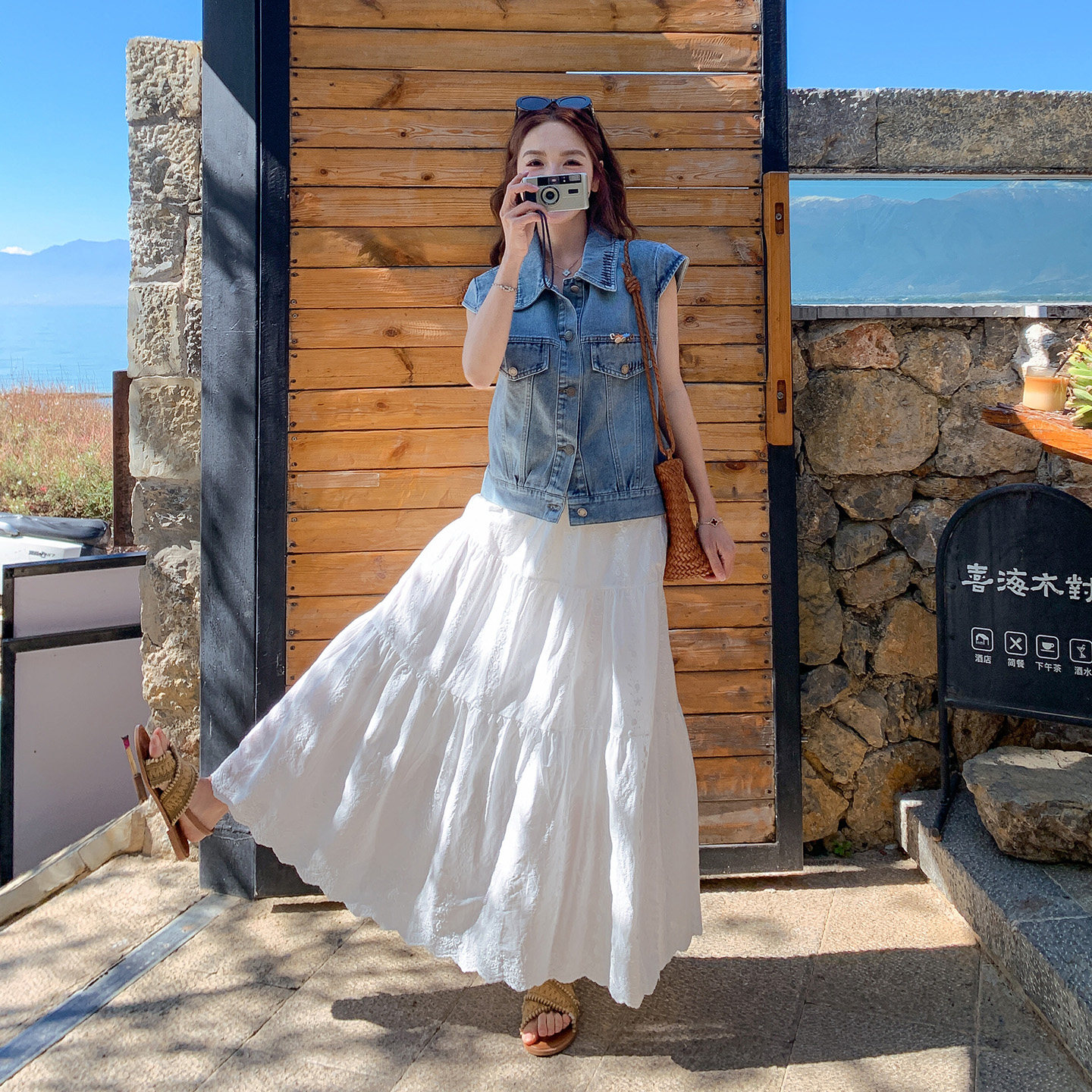 韩系甜美优雅风牛仔马甲蕾丝花边半身裙两件套女2026夏日新款套装