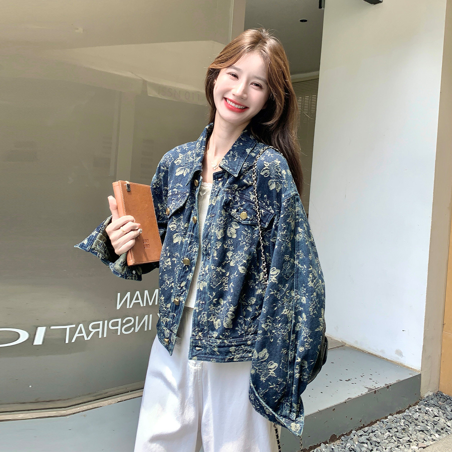 复古牛仔外套女宽松bf风印花短款
