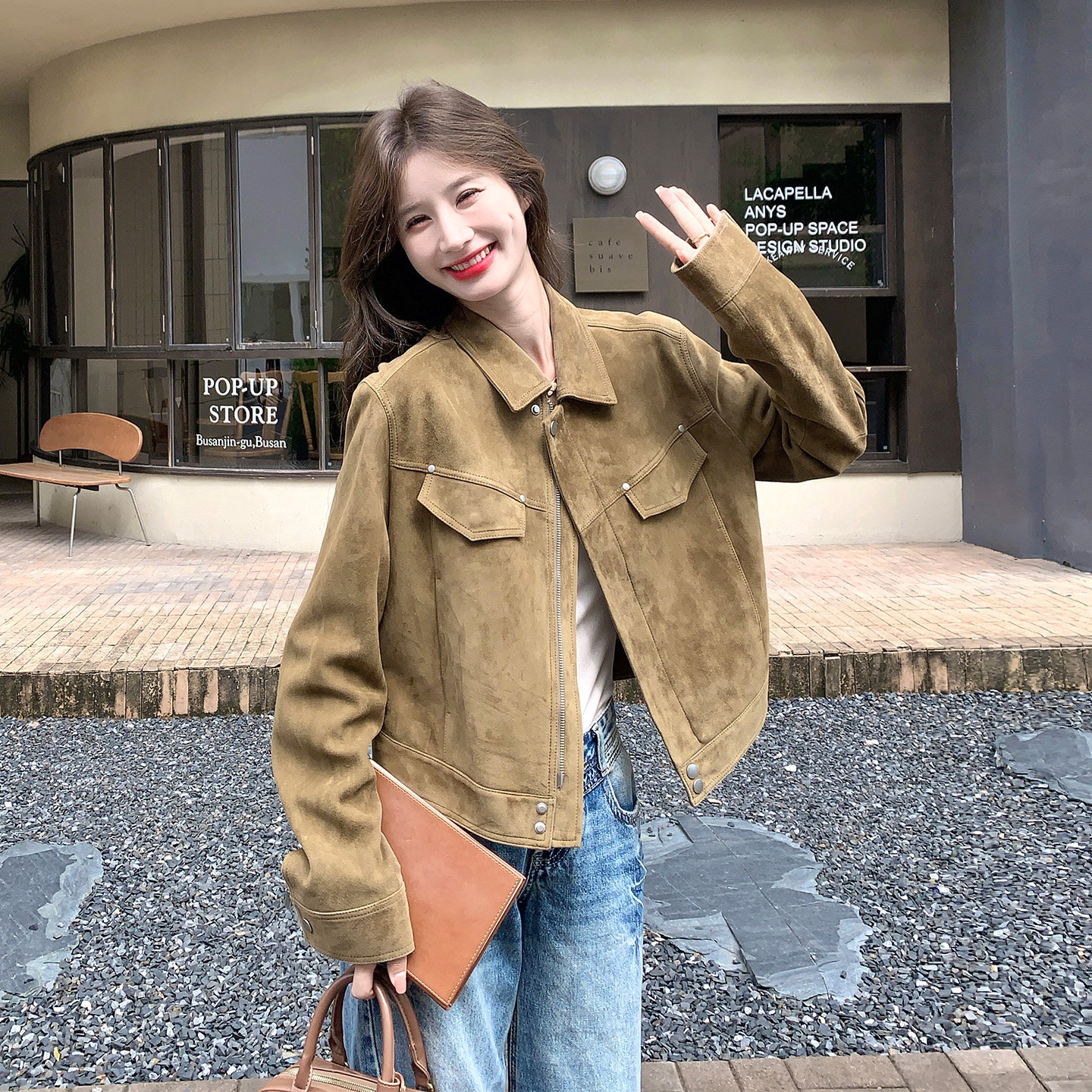 美拉德风麂皮立领工装短外套女