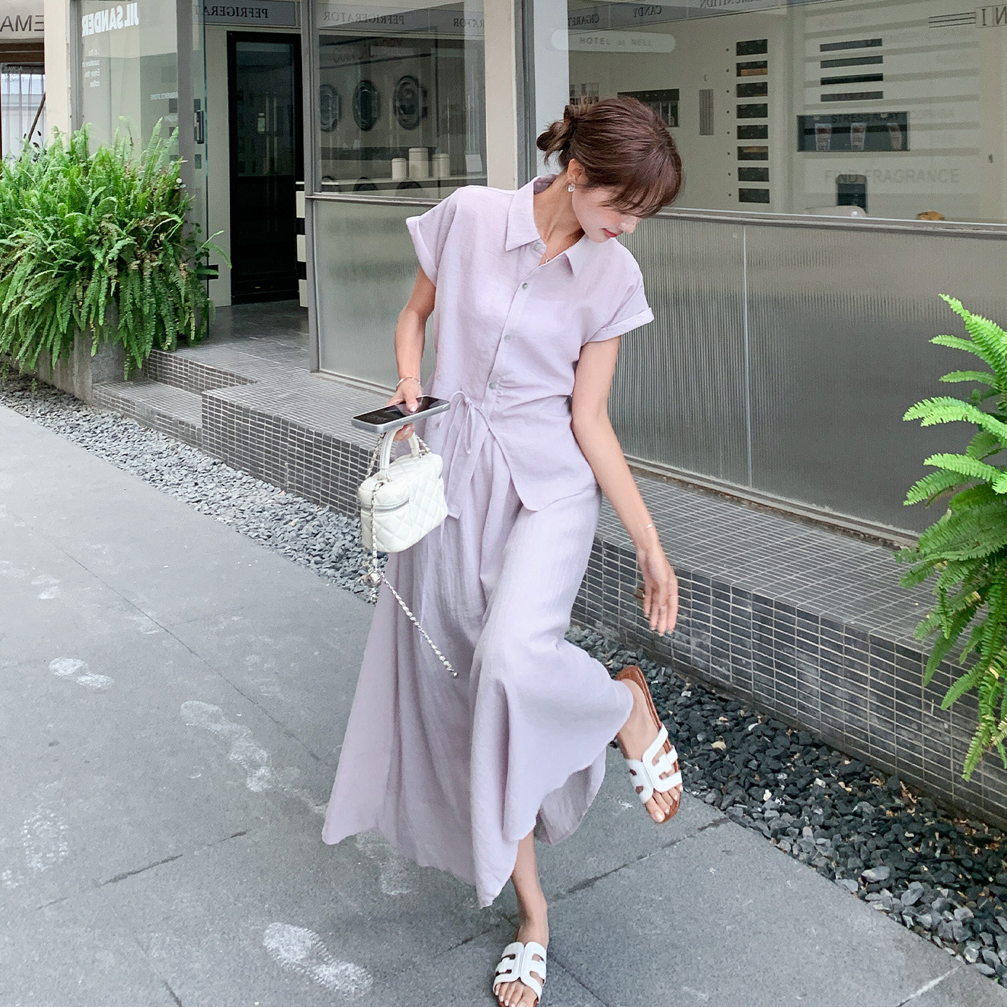 紫色优雅轻熟风夏日减龄套装女2026新款系带衬衫高腰半身裙两件套