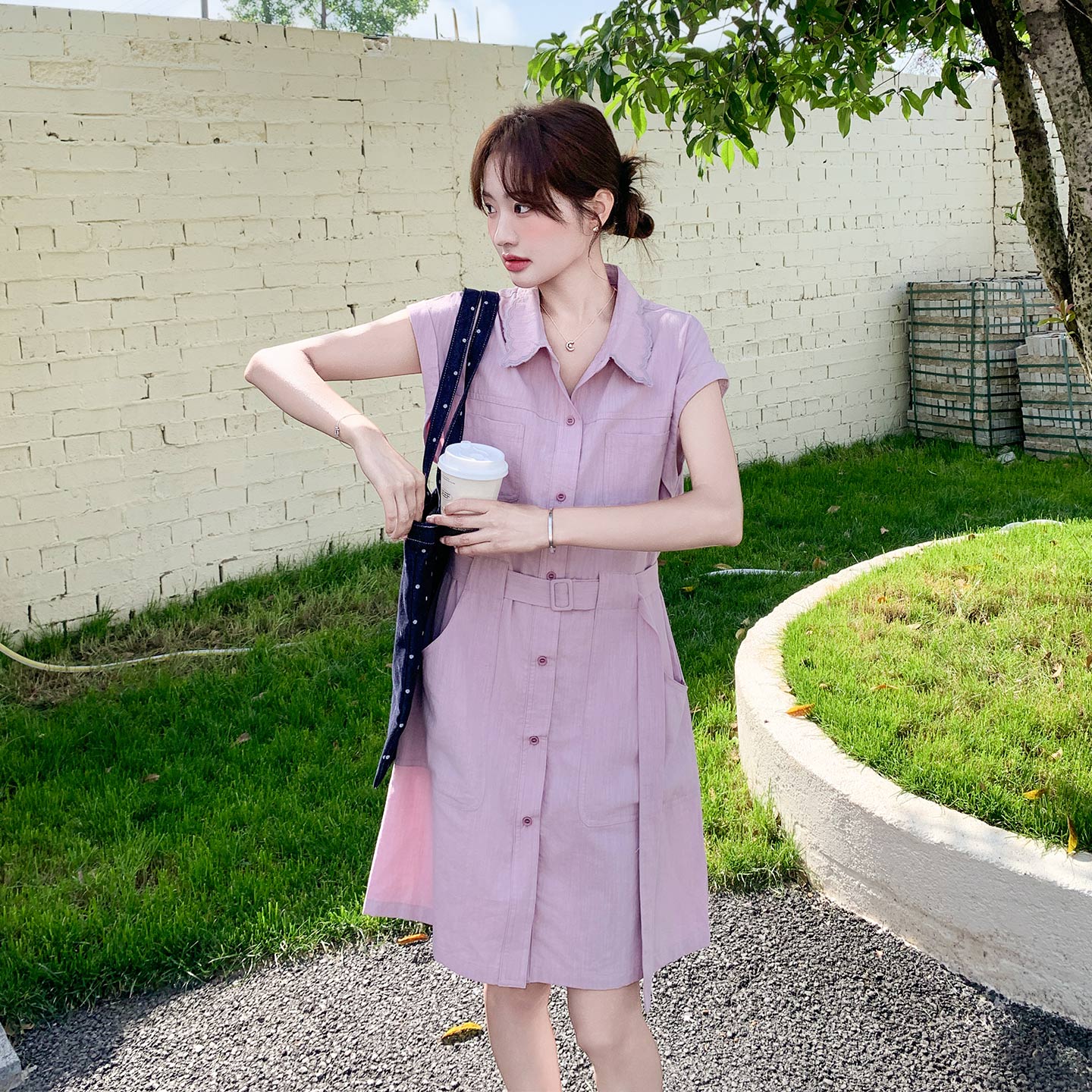 超好看韩版甜美小个子衬衫连衣裙女2026夏新款休闲收腰系带A字裙