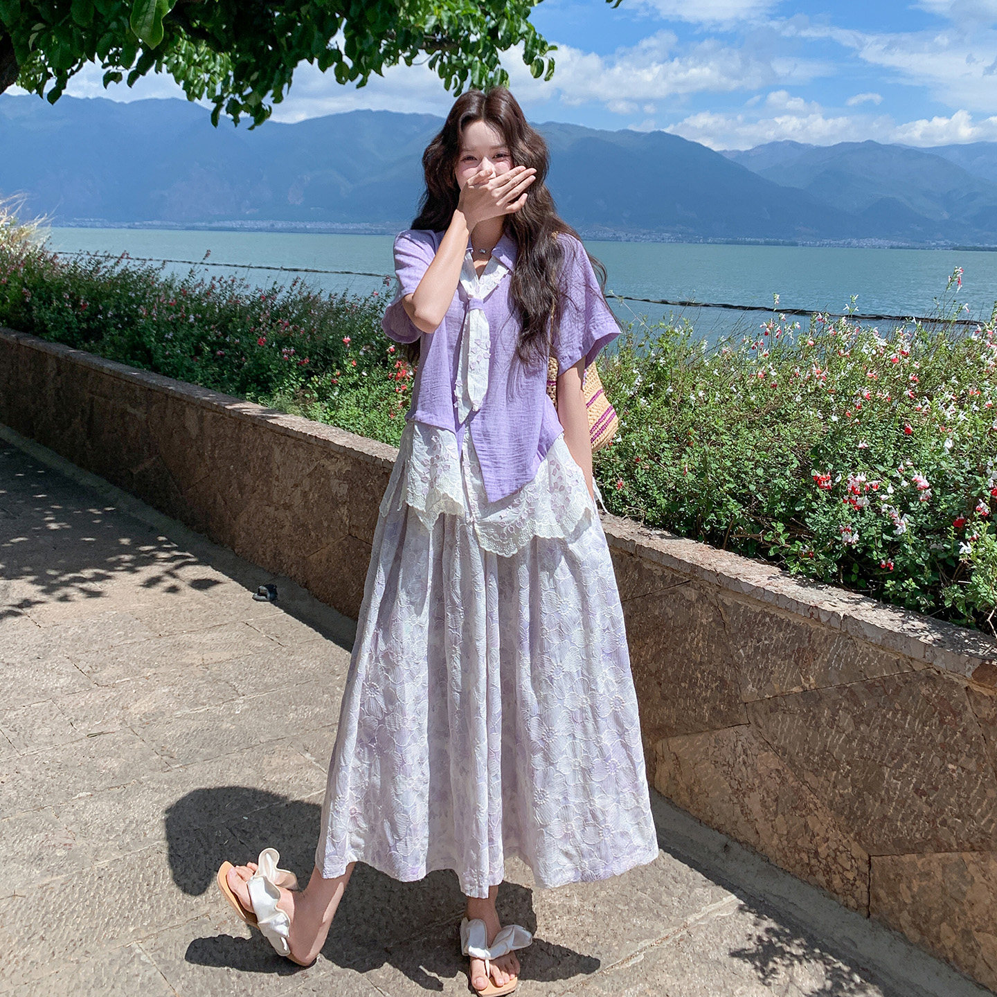 紫色浪漫风减龄套装女2026夏季新款撞色领结衬衫绣花半身裙两件套