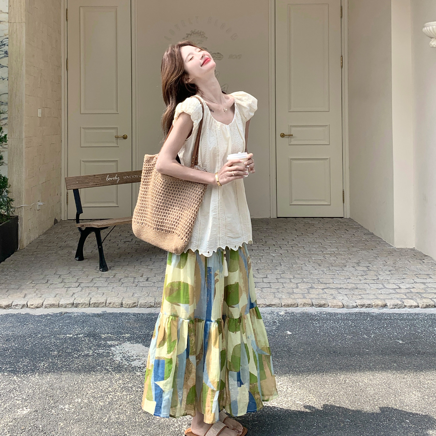 度假风印花T恤半身裙两件套女