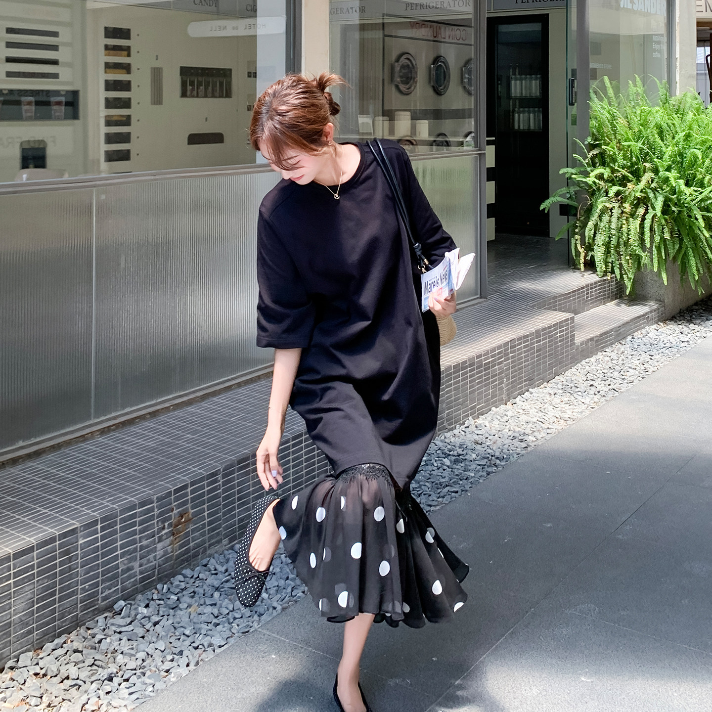 夏季黑色T恤波点裙两件套女