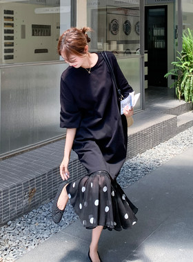 夏季黑色T恤波点裙两件套女