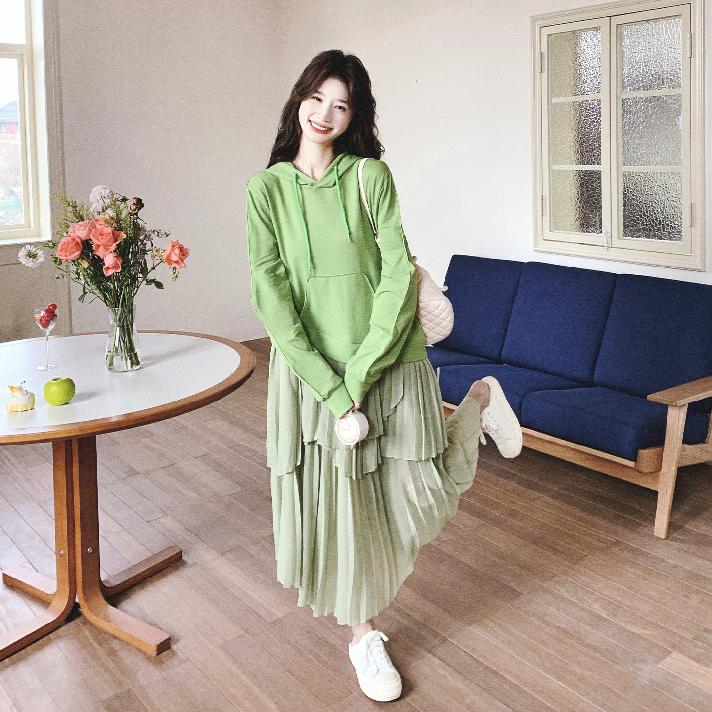 绿色假两件百褶连衣裙女长裙