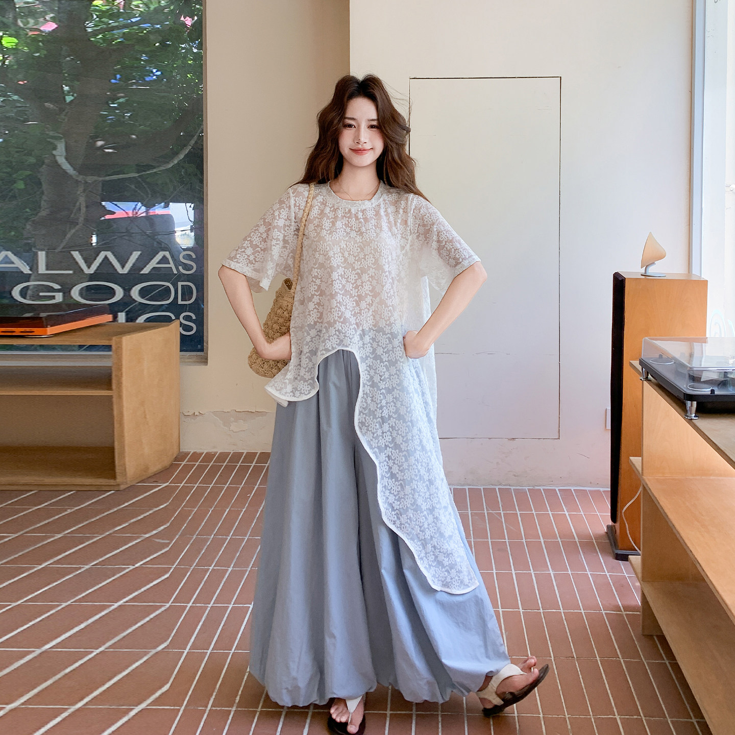 韩系夏季蕾丝两件套女宽松透气