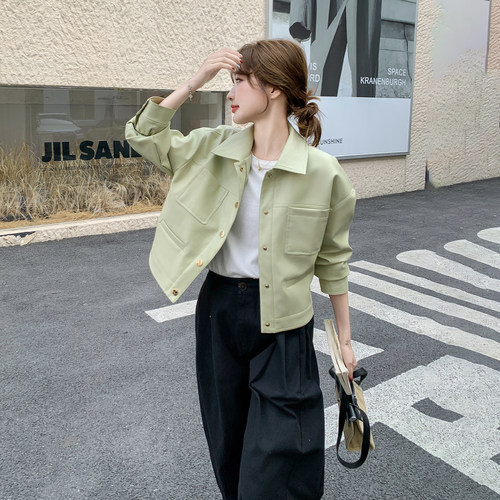 浅绿色复古高级感PU皮外套女2026春季新款韩系时尚休闲小个子上衣
