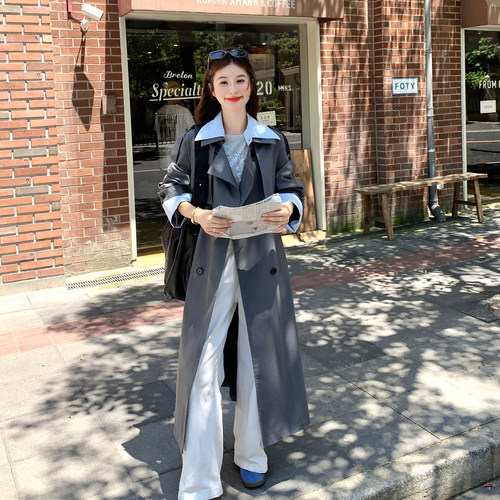 秋季英伦翻领中长款撞色风衣女