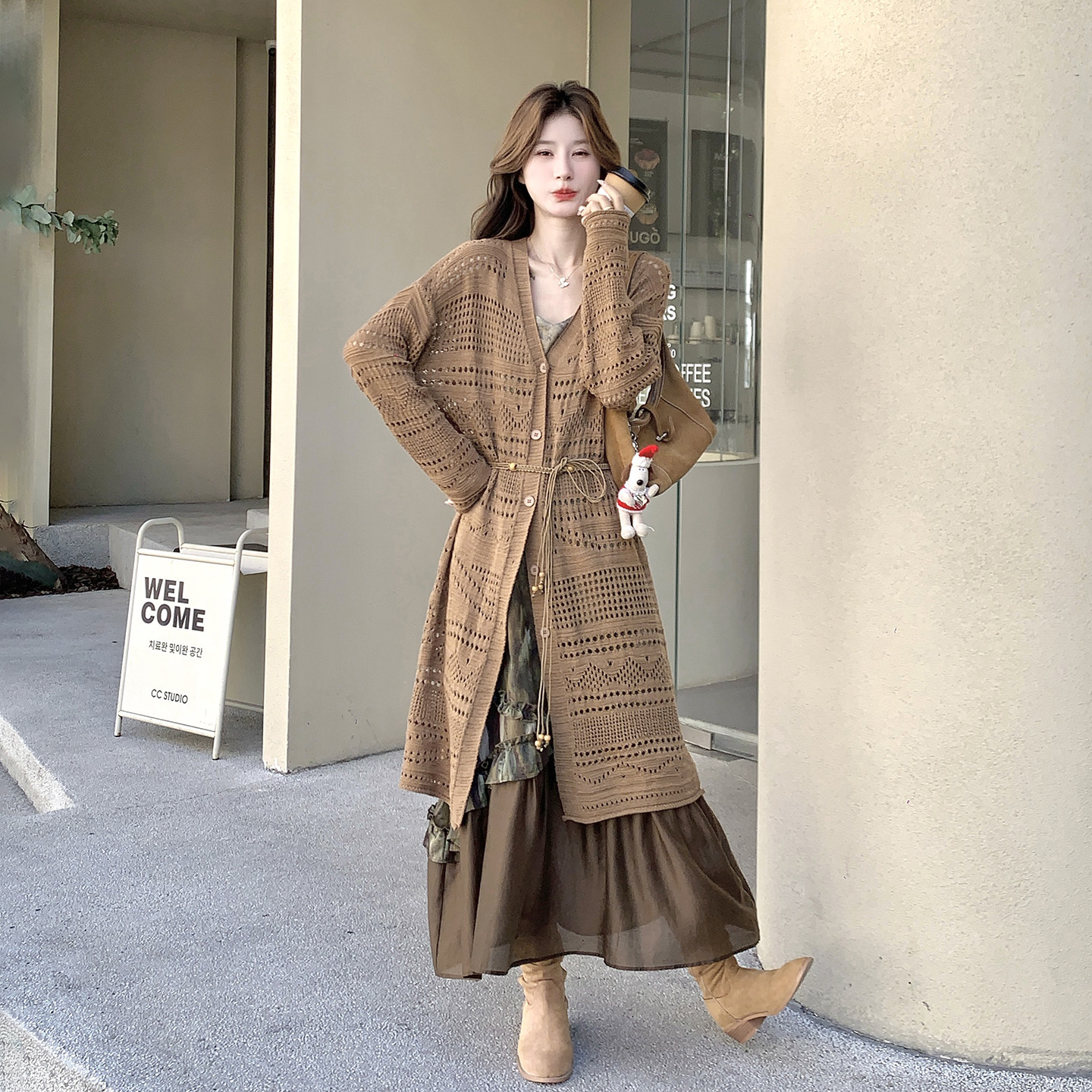 法式复古优雅文艺风穿搭女2026新款镂空罩衫拼接扎染吊带裙两件套