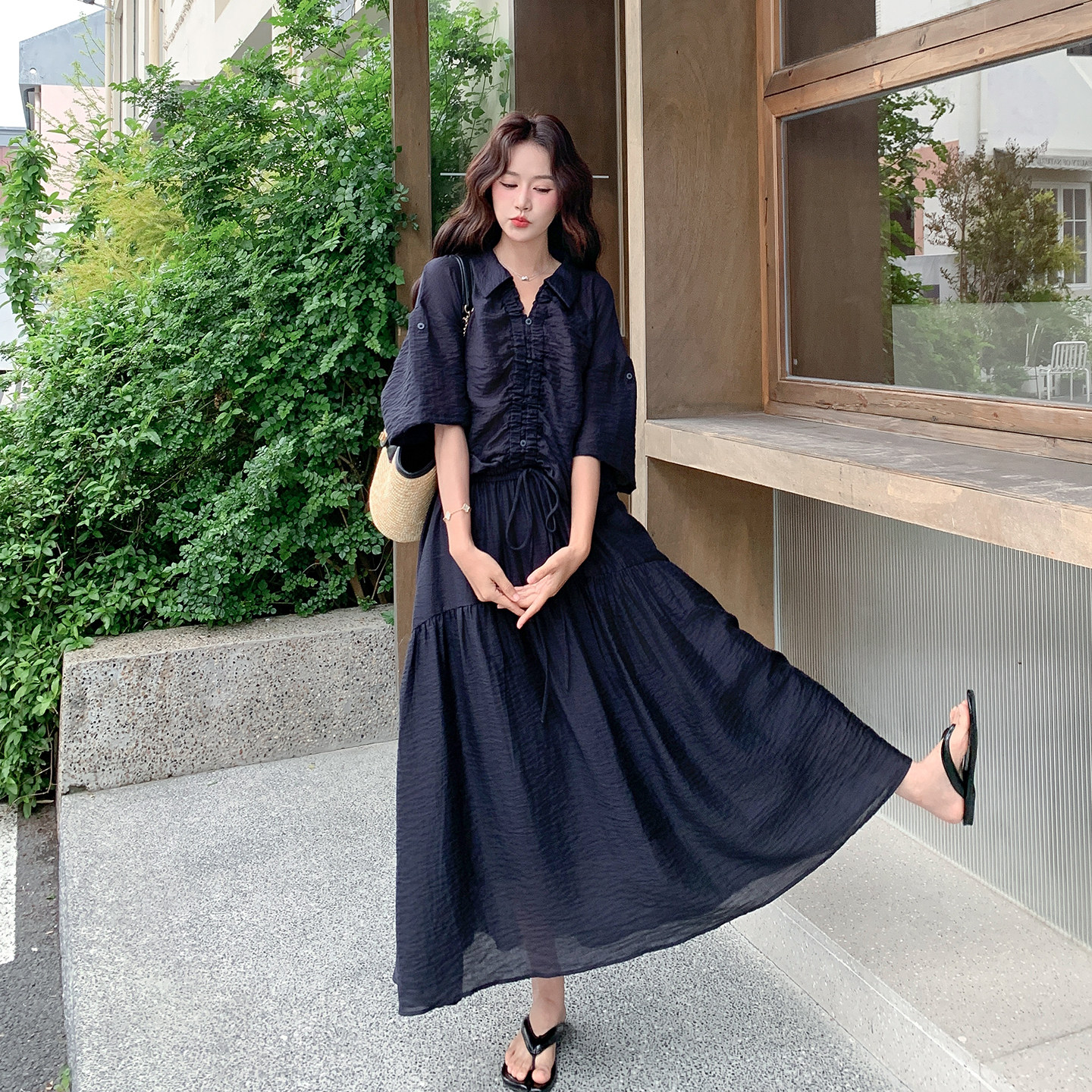藏青色法式轻熟风气质套装女2026新款松弛感衬衫半身裙两件套夏日