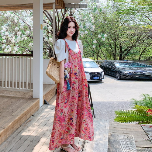 夏季女高腰阔腿印花背带连体裤