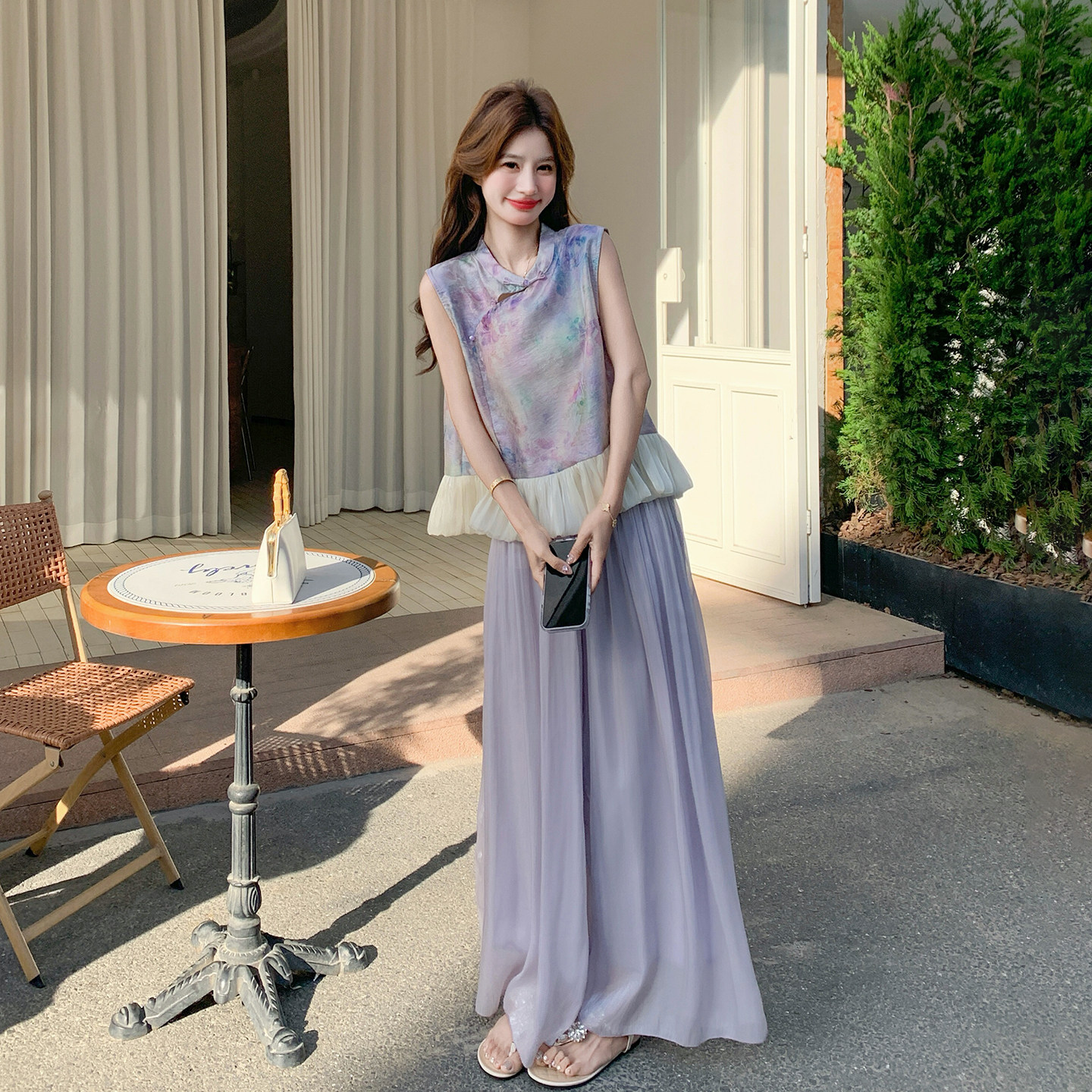 紫色漂亮超好看国风晕染套装女2026新款拼色花苞上衣阔腿裤两件套