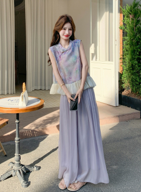 紫色漂亮超好看国风晕染套装女2026新款拼色花苞上衣阔腿裤两件套