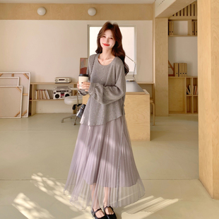 法式假两件针织拼接网纱连衣裙女中长款2026春温柔风绝美超仙长裙