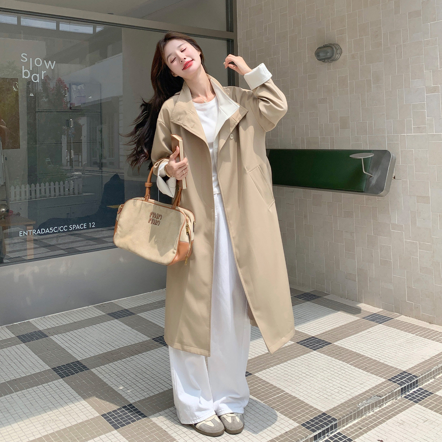 春秋女立领长款英伦风衣卡其