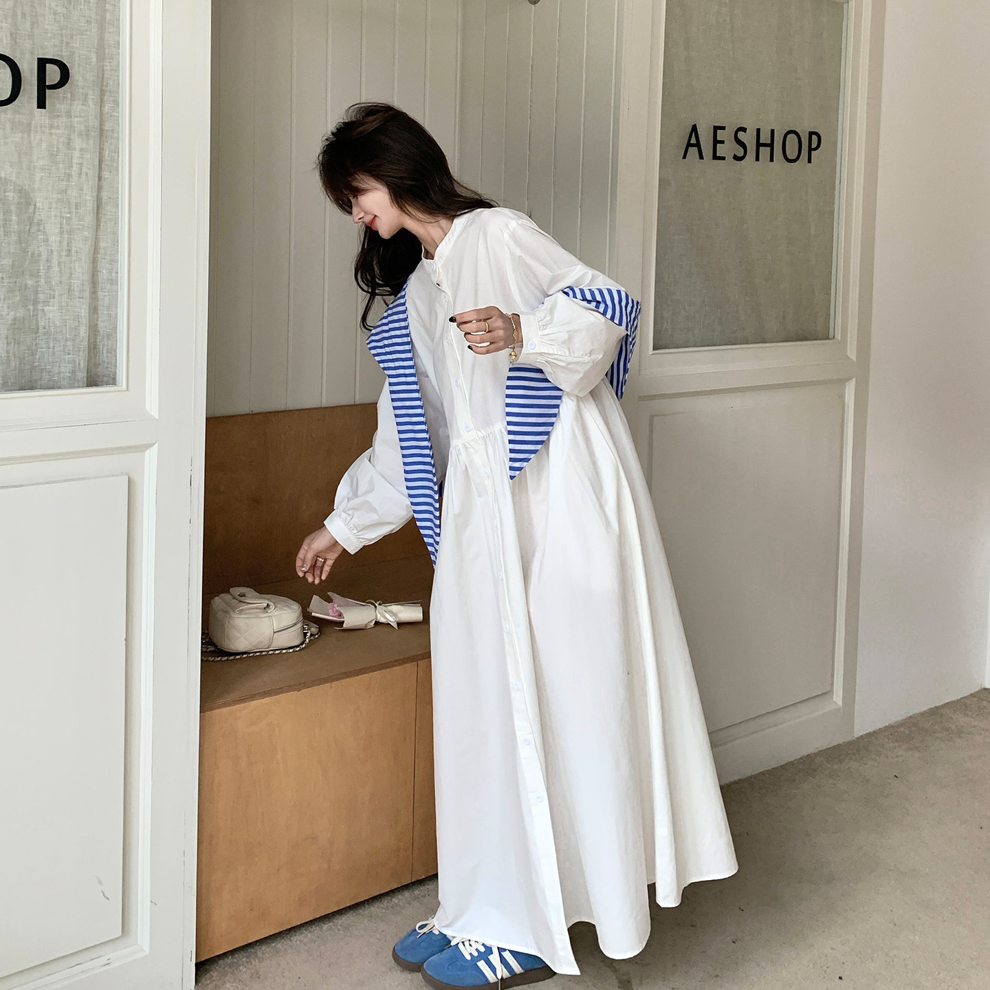 2.7条纹披肩连衣裙女长袖A字裙小众设计感中长款衬衫裙278/298