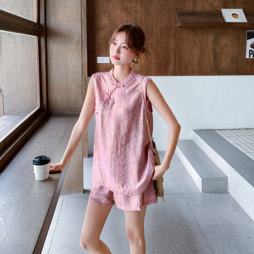 夏日复古减龄甜美风套装女2026新款新中式提花无袖背心短裤两件套