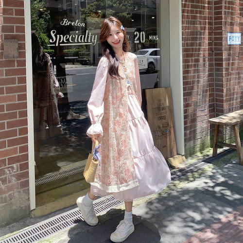 浅粉色甜美减龄印花罩衫连衣裙套装女2026春新款花边A字裙两件套