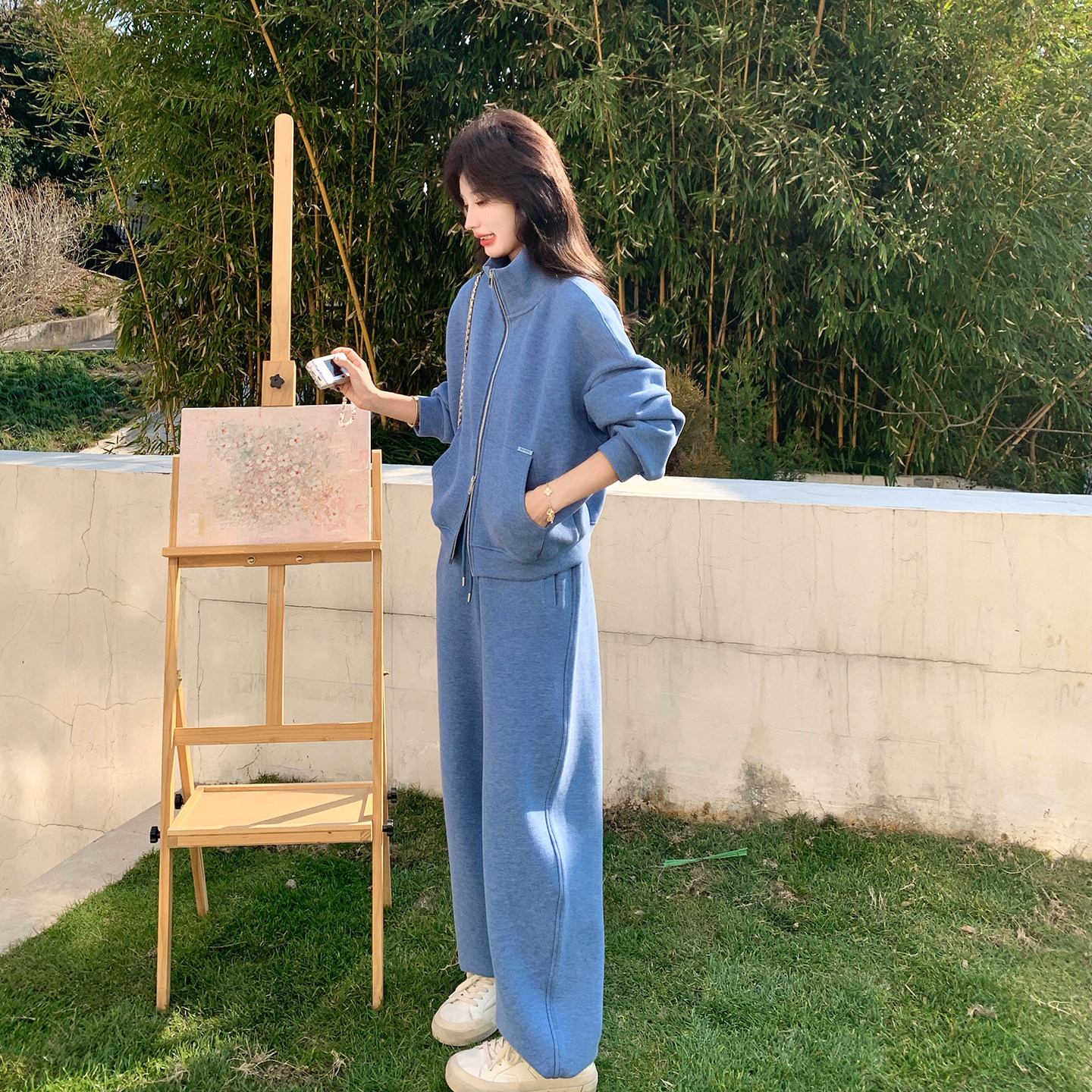 蓝色韩版慵懒风休闲套装女2026早春新款宽松立领卫衣阔腿裤两件套