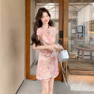 新中式俏皮减龄少女感晕染旗袍裙套装2026新款夏日高腰短裤两件套
