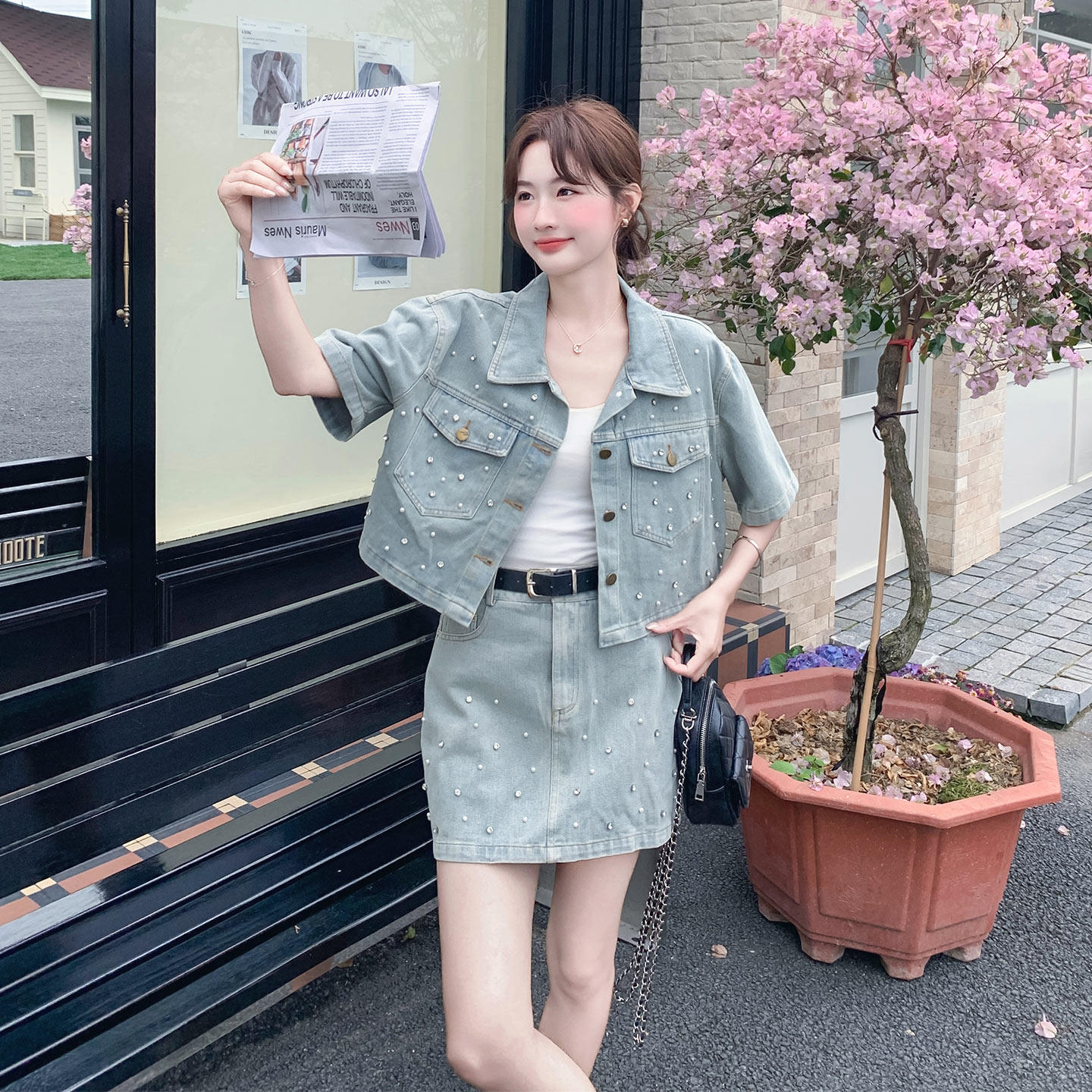 复古酷飒拽姐风钉珠牛仔套装女2026新款短袖上衣半身裙两件套夏日