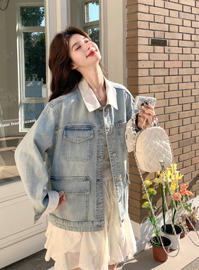 浅蓝色复古减龄高端牛仔外套女2026开春新款韩式时尚撞色短款上衣