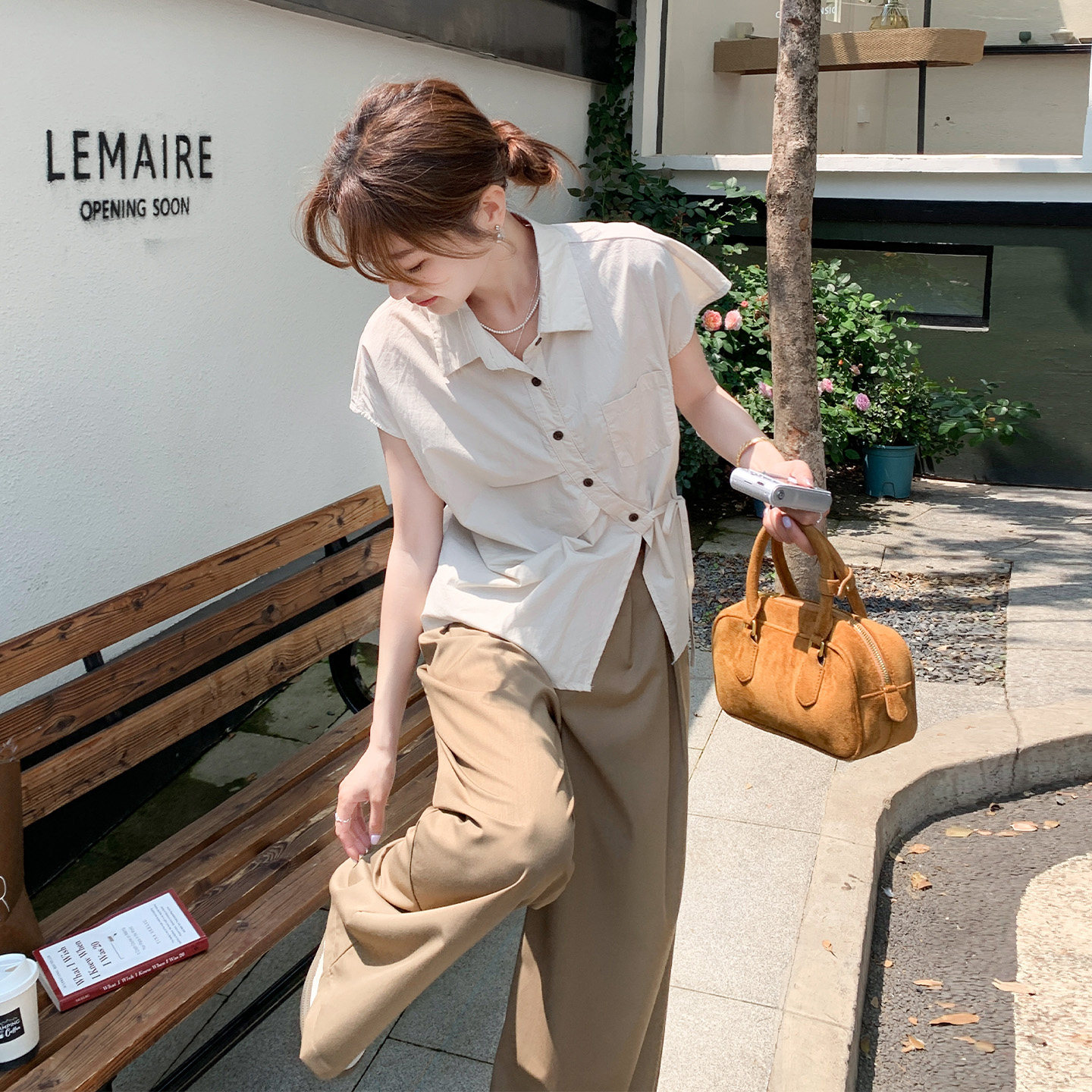 韩系慵懒风松弛一整套穿搭女2026初夏新款压褶系带衬衫阔腿裤套装