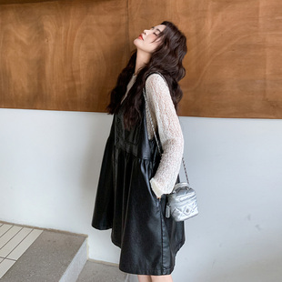 黑色美式PU皮背心连衣裙套装女2026春季小个子打底衫a字裙两件套