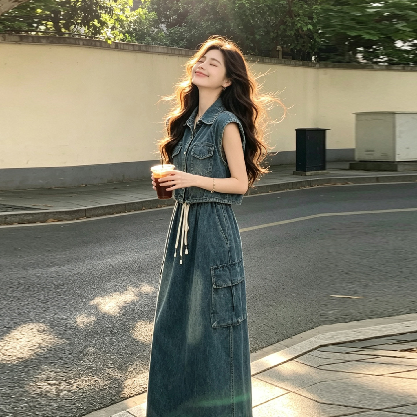 夏季港风牛仔马甲衬衫显瘦两件套