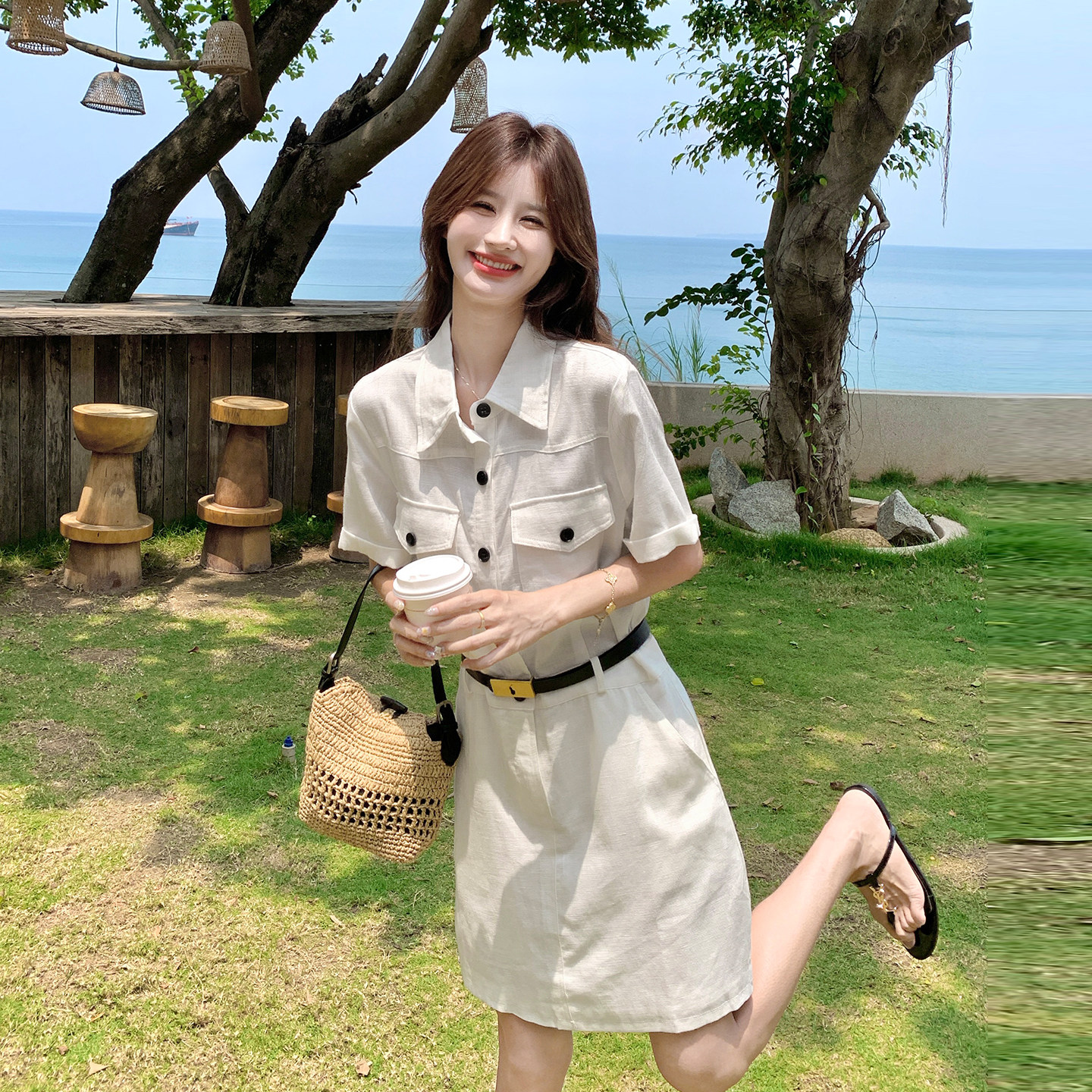 夏季翻领短袖收腰显瘦衬衫连衣裙