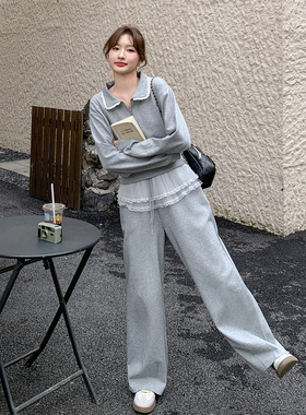 灰色学院风减龄卫衣套装女2026春季新款花边上衣蕾丝阔腿裤两件套