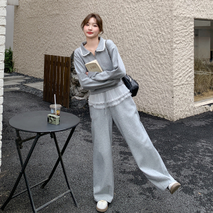 灰色学院风减龄卫衣套装女2026春季新款花边上衣蕾丝阔腿裤两件套