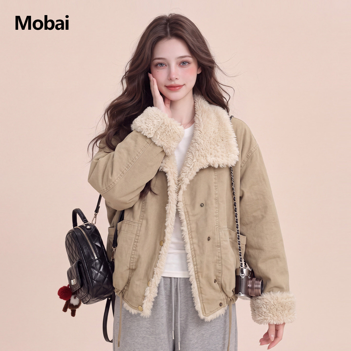 冬季羊羔毛翻领派克棉服女保暖